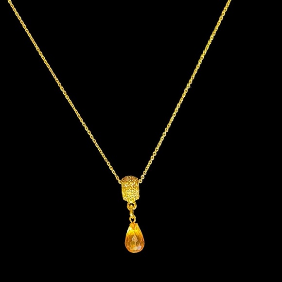 Handcrafted peach quartz teardrop pendant w CZ encrusted bail adjustable chain - Picture 1 of 4